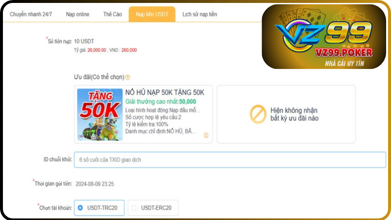 Thông tin giao dịch USDT VZ99 phải chuẩn để giao dịch thành công